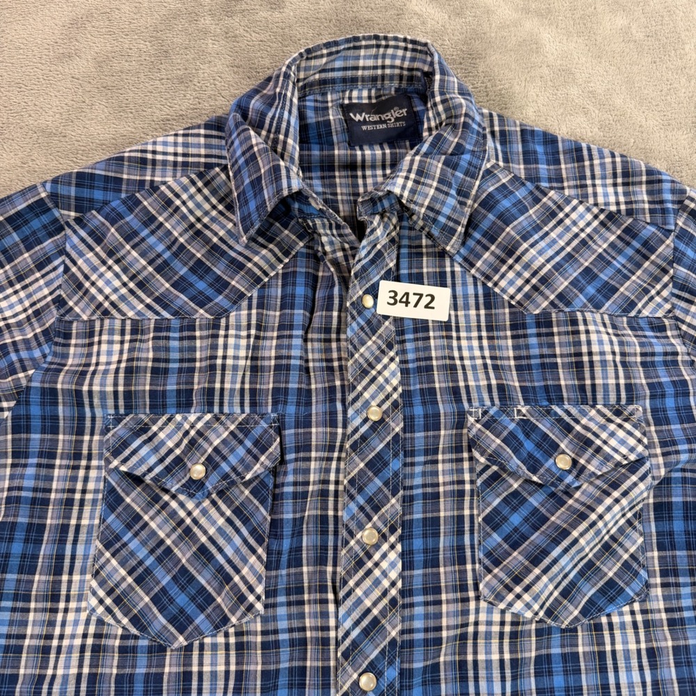Wrangler Western Shirt Men Large Tall Blue Plaid Short Sleeve Pearl Snap 76932PP